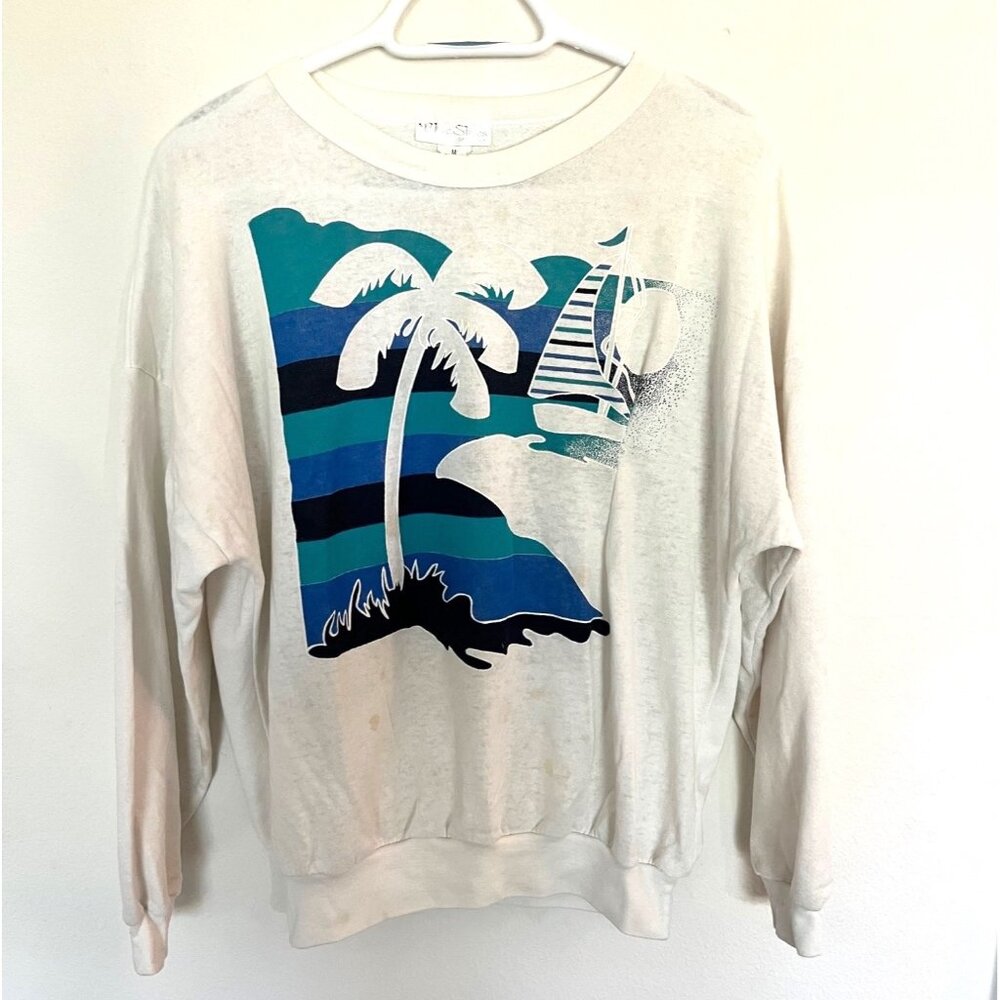Vintage Blue Skies White Crewneck Sweatshirt Tropical Palm Tree Sailboat Print